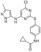 Cyclopropanecarboxylic acid N-[4-[[4-chloro-6-(5-methyl-2H-pyrazol-3-ylamino)pyrimidin-2-yl]sulfanyl]phenyl]amide Structure,639090-55-4Structure