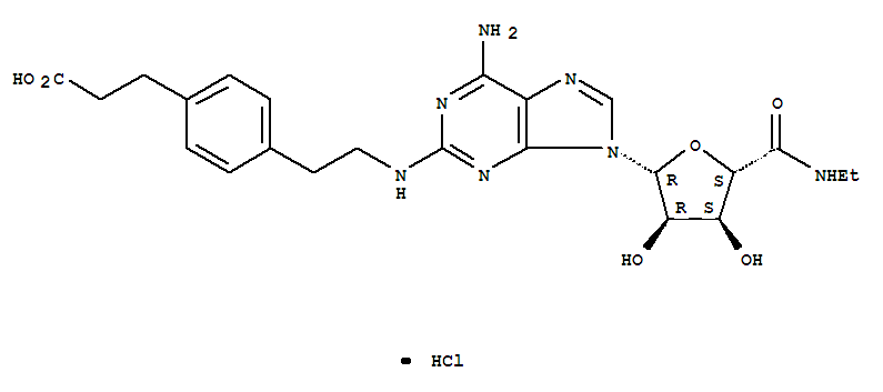 3-{4-[2-({6-Amino-9-[(2r,3r,4s,5s)-5-(ethylcarbamoyl)-3,4-dihydroxytetrahydro-2-furanyl]-9h-purin-2-yl}amino)ethyl]phenyl}propanoic acid hydrochloride (1:1) Structure,124431-80-7Structure