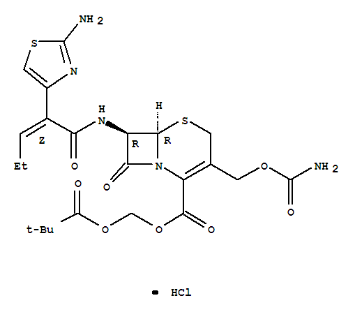 (Propionyloxy)methyl 7-{[(2z)-2-(2-amino-1,3-thiazol-4-yl)-2-pentenoyl]amino}-3-[(carbamoyloxy)methyl]-8-oxo-5-thia-1-azabicyclo[4.2.0]oct-2-ene-2-carboxylate Structure,147816-23-7Structure