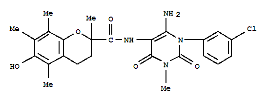 2H-1-benzopyran-2-carboxamide, n-[6-amino-1-(3-chlorophenyl)-1,2,3,4-tetrahydro-3-methyl-2,4-dioxo-5-pyrimidinyl]-3,4-dihydro-6-hydroxy-2,5,7,8- Structure,204980-85-8Structure