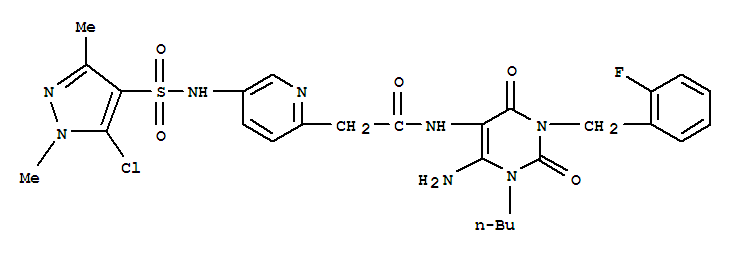 2-Pyridineacetamide, n-[6-amino-1-butyl-3-[(2-fluorophenyl)methyl]-1,2,3,4-tetrahydro-2,4-dioxo-5-pyrimidinyl]-5-[[(5-chloro-1,3-dimethyl-1h-pyrazol-4- Structure,748149-17-9Structure