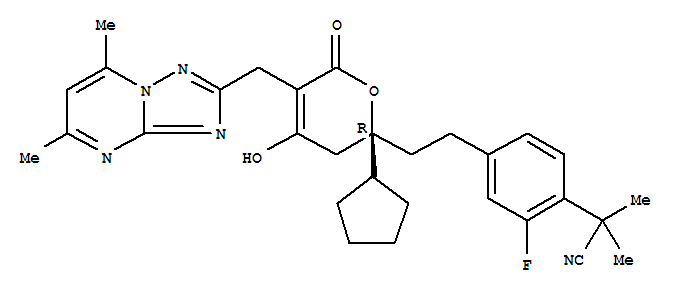 Benzeneacetonitrile, 4-[2-[(2R)-2-cyclopentyl-5-[(5,7-dimethyl[1,2,4] triazolo[1,5-a]pyrimidin-2-yl)methyl]-3,6-dihydro-4-hydroxy-6-oxo-2H-pyran-2-yl]ethyl]-2-fluoro-α,α-dimethyl- Structure,877225-09-7Structure