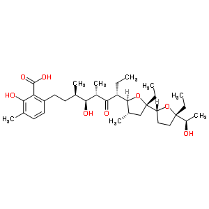 6-[(3R,4s,5s,7r)-7-[(2s,2’r,4s,5s,5’s)-2,5’-diethyloctahydro-5’-[(r)-1-hydroxyethyl ]-4-methyl [2,2’-bifuran]-5-yl ]-4-hydroxy-3,5-dimethyl-6-oxononyl ]-2-hydroxy-3-methylbenzoic acid Structure,54156-67-1Structure