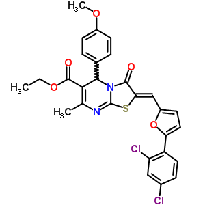 Ethyl (8z)-8-[[5-(2,4-dichlorophenyl)-2-furyl]methylidene]-2-(4-methoxyphenyl)-4-methyl-9-oxo-7-thia-1,5-diazabicyclo[4.3.0]nona-3,5-diene-3-carboxylate Structure,5662-03-3Structure