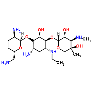 (1S,2s,3s,4r,6s)-6-amino-3-{[3-deoxy-4-c-methyl-3-(methylamino)-beta-l-arabinopyranosyl]oxy}-4-(ethylamino)-2-hydroxycyclohexyl 2,6-diamino-2,3,4,6-tetradeoxy-alpha-d-erythro-hexopyranoside Structure,59711-96-5Structure